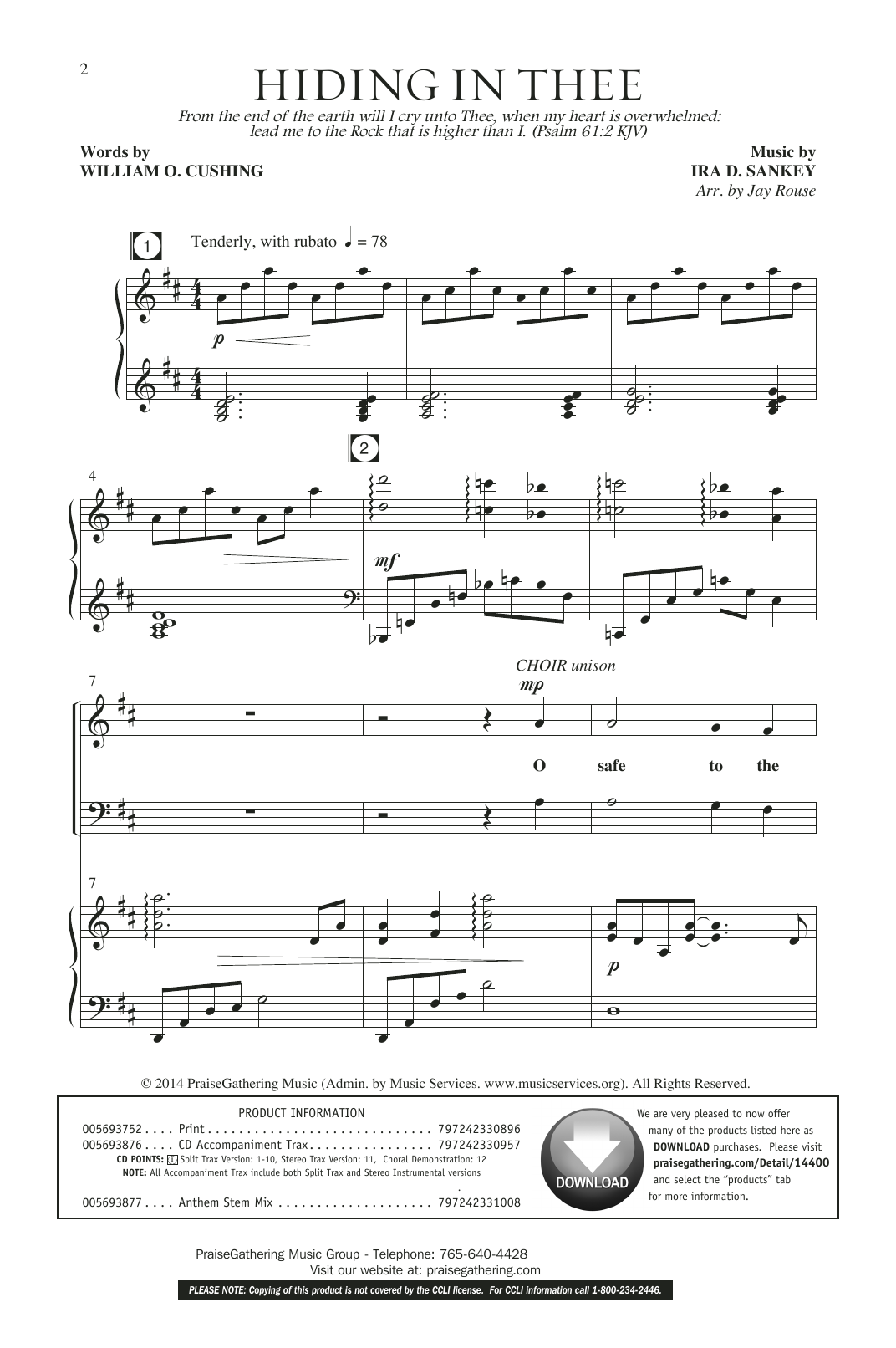 Ira D. Sankey Hiding In Thee (arr. Jay Rouse) Sheet Music Notes & Chords for SATB Choir - Download or Print PDF