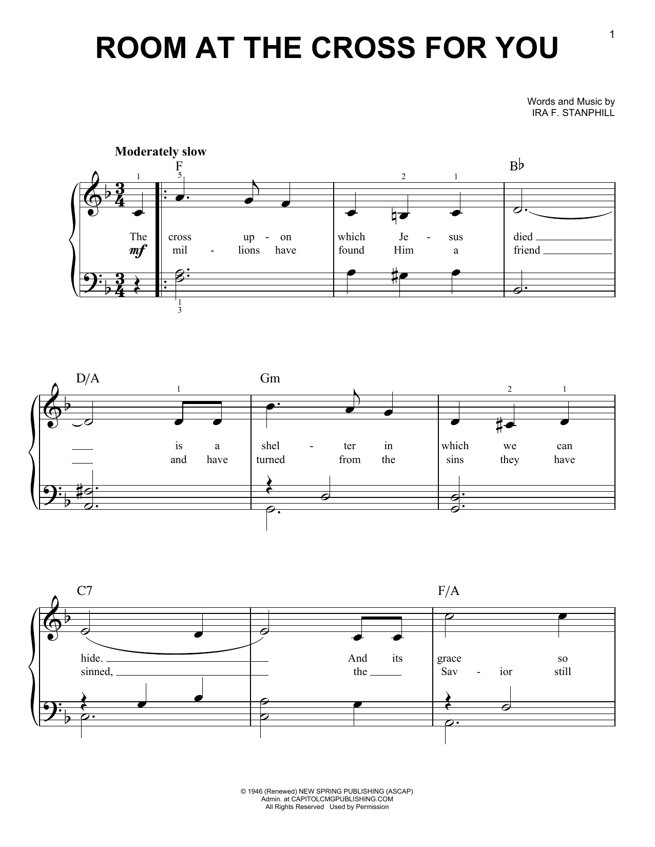 Ira F. Stanphill Room At The Cross For You Sheet Music Notes & Chords for Piano, Vocal & Guitar Chords (Right-Hand Melody) - Download or Print PDF