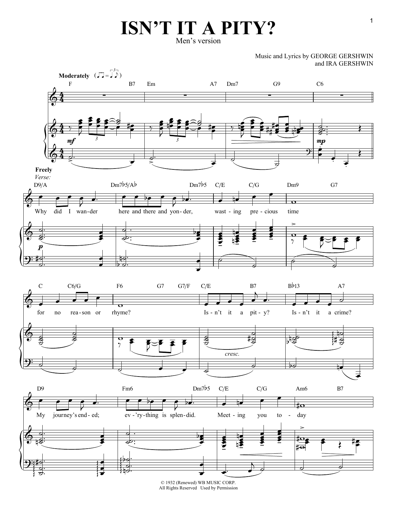 Ira Gershwin Isn't It A Pity? [Men's version] Sheet Music Notes & Chords for Piano & Vocal - Download or Print PDF