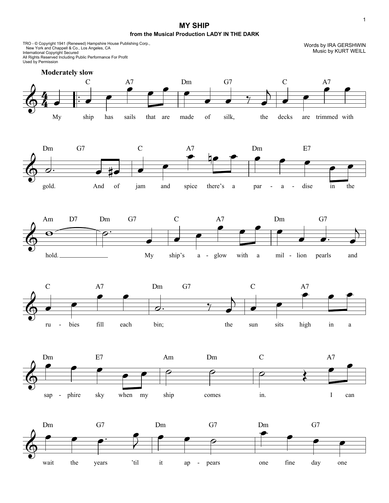 Ira Gershwin My Ship Sheet Music Notes & Chords for Melody Line, Lyrics & Chords - Download or Print PDF