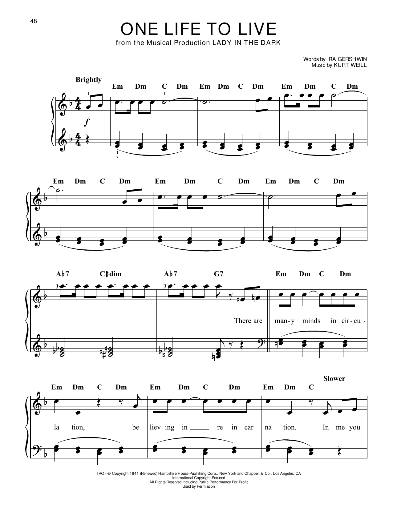 Ira Gershwin One Life To Live (from Lady In The Dark) Sheet Music Notes & Chords for Easy Piano - Download or Print PDF