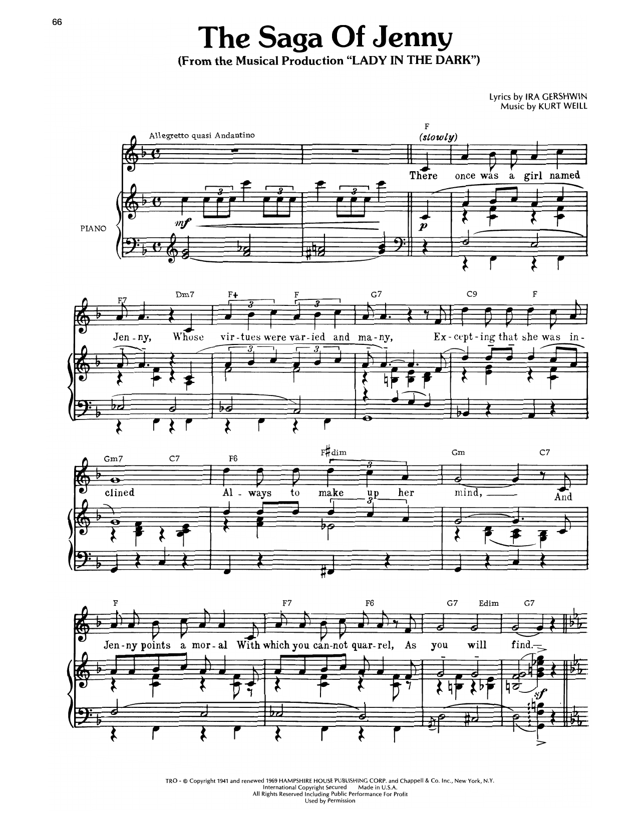 Ira Gershwin The Saga Of Jenny (from Lady In The Dark) Sheet Music Notes & Chords for Piano, Vocal & Guitar Chords (Right-Hand Melody) - Download or Print PDF