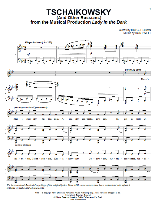 Ira Gershwin Tschaikowsky (And Other Russians) Sheet Music Notes & Chords for Piano, Vocal & Guitar (Right-Hand Melody) - Download or Print PDF