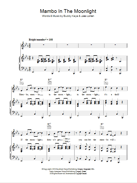 Ireen Sheer Mambo In The Moonlight Sheet Music Notes & Chords for Piano, Vocal & Guitar (Right-Hand Melody) - Download or Print PDF