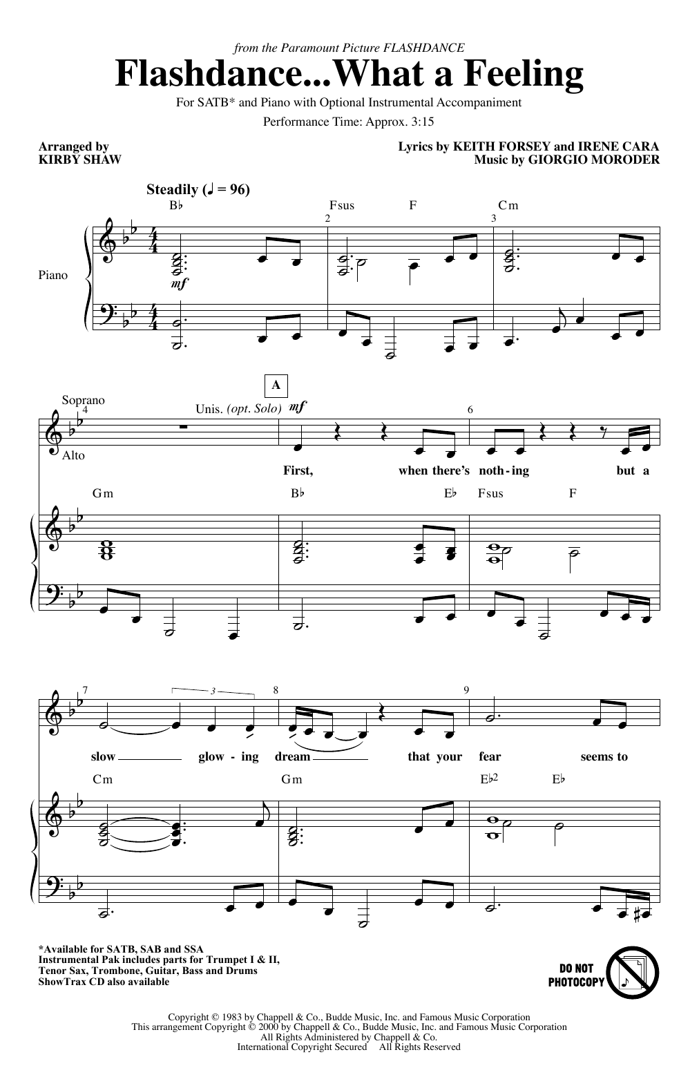 Irene Cara Flashdance...What A Feeling (from Flashdance) (arr. Kirby Shaw) Sheet Music Notes & Chords for SAB Choir - Download or Print PDF