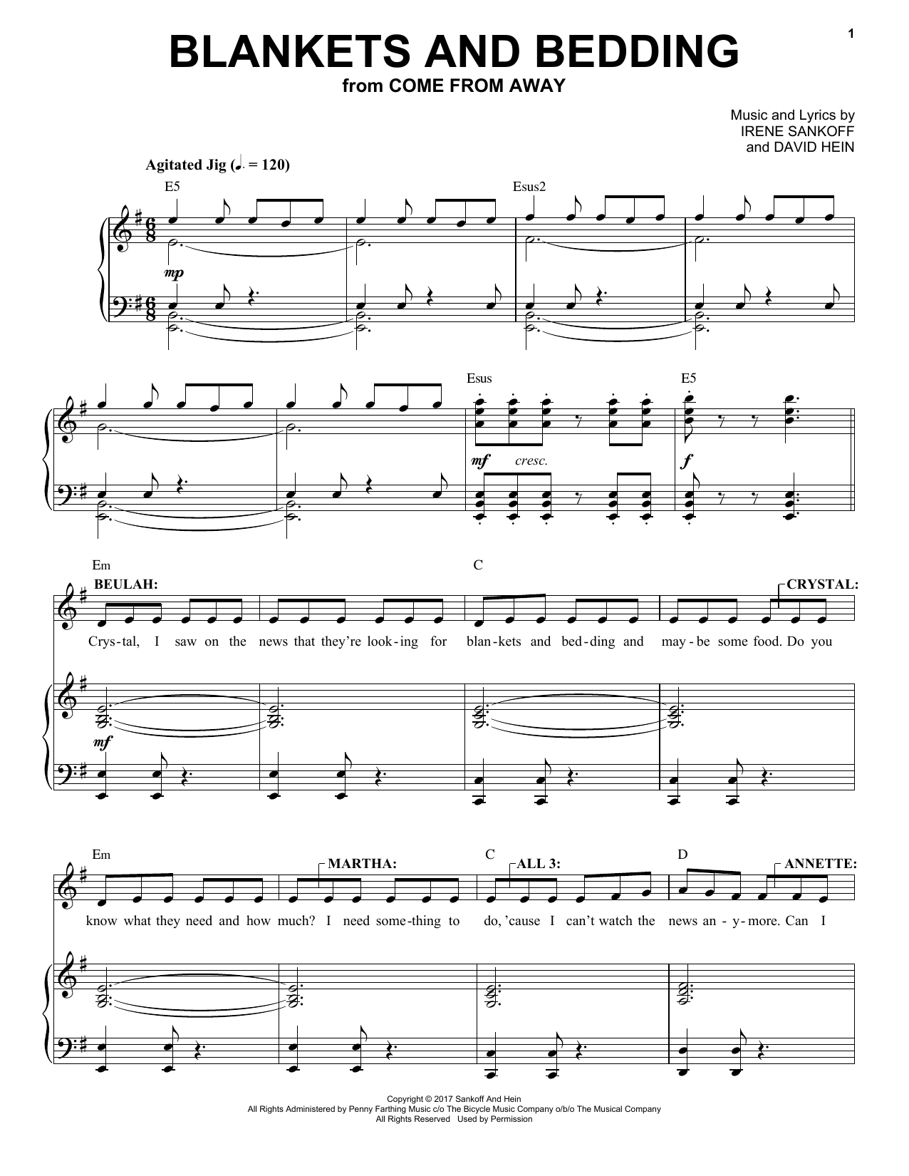 Irene Sankoff & David Hein Blankets And Bedding (from Come from Away) Sheet Music Notes & Chords for Piano & Vocal - Download or Print PDF