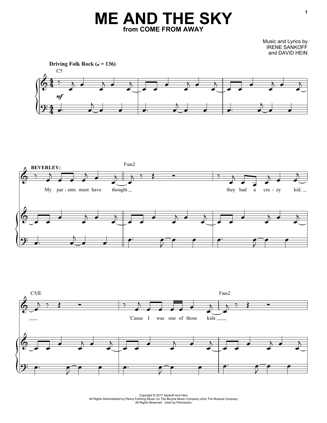 Irene Sankoff & David Hein Me And The Sky (from Come From Away) Sheet Music Notes & Chords for Very Easy Piano - Download or Print PDF