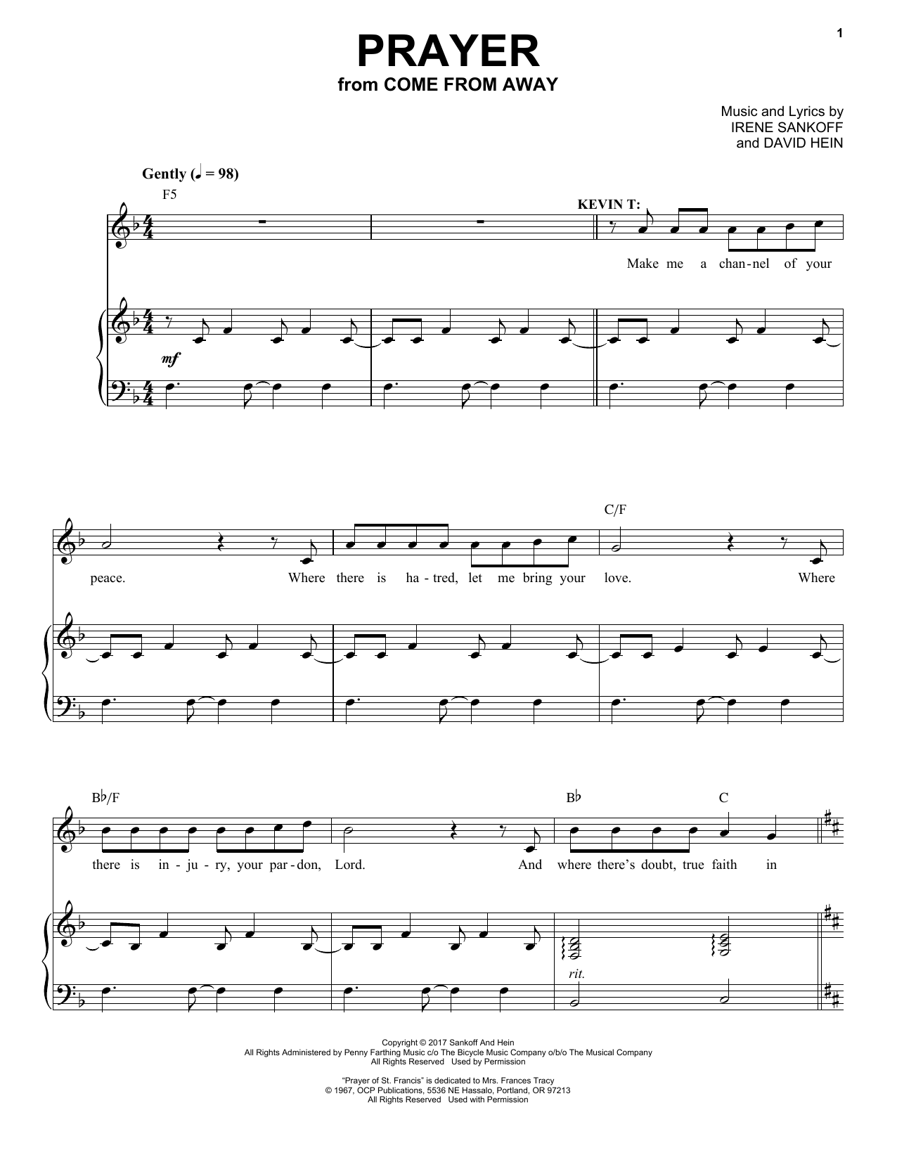 Irene Sankoff & David Hein Prayer (from Come from Away) Sheet Music Notes & Chords for Piano & Vocal - Download or Print PDF Irene Sankoff & David Hein Prayer (from Come from Away) Sheet Music Notes & Chords for Piano & Vocal - Download or Print PDF