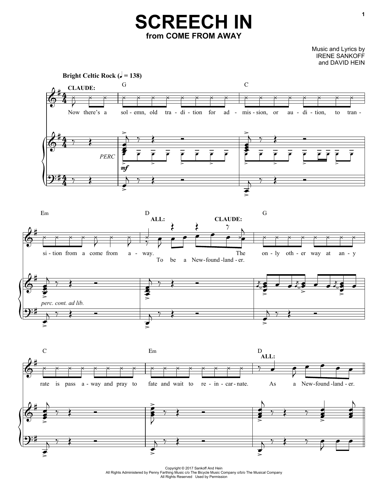 Irene Sankoff & David Hein Screech In (from Come from Away) Sheet Music Notes & Chords for Piano & Vocal - Download or Print PDF