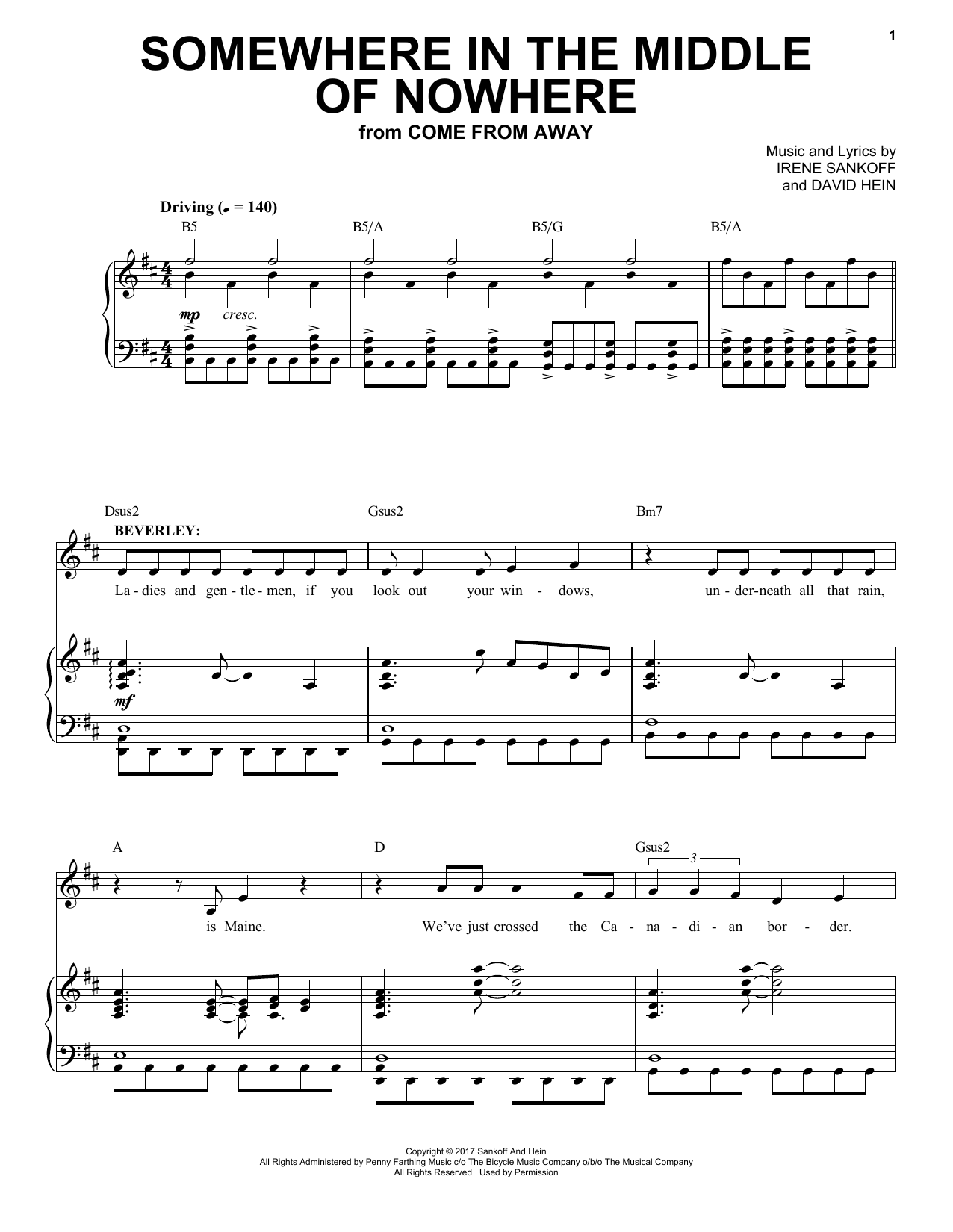Irene Sankoff & David Hein Somewhere In The Middle Of Nowhere (38 Planes Reprise) (from Come from Away) Sheet Music Notes & Chords for Piano & Vocal - Download or Print PDF
