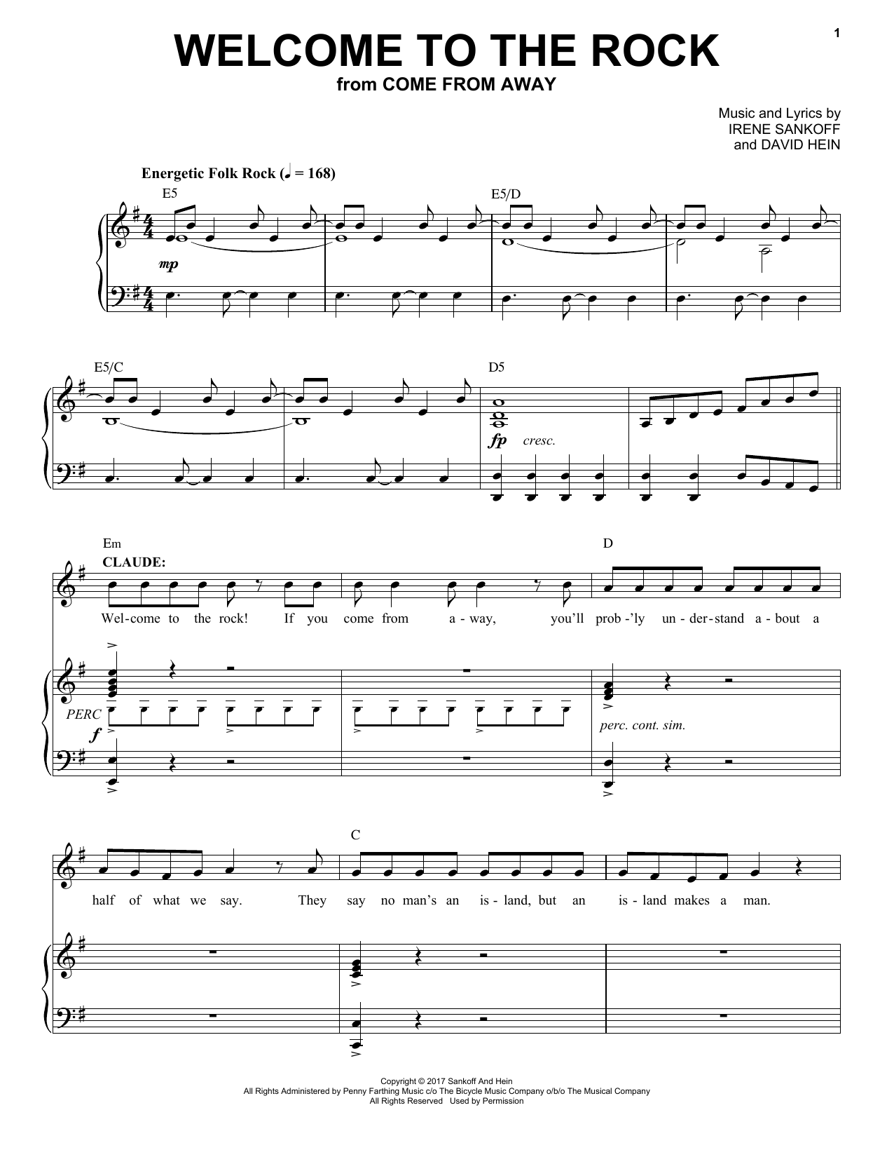 Irene Sankoff & David Hein Welcome To The Rock (from Come from Away) Sheet Music Notes & Chords for Piano & Vocal - Download or Print PDF