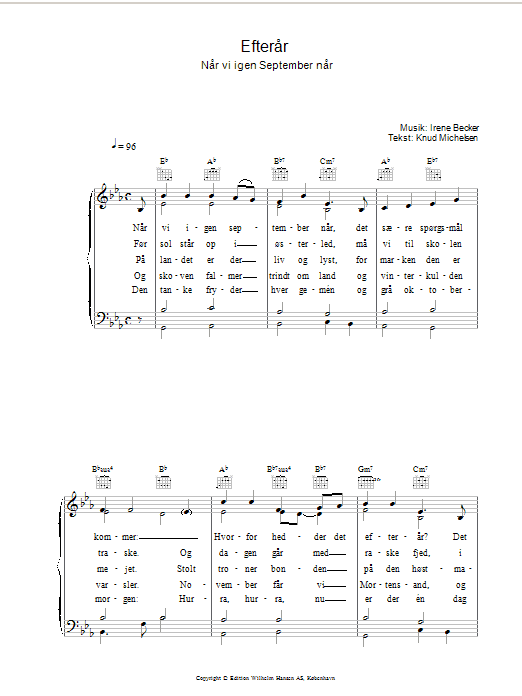 Preview Irene Becker Efterår Folk sheet music, notes and chords for Piano, Vocal & Guitar (Right-Hand Melody), SKU: 34042 Efterår sheet music
