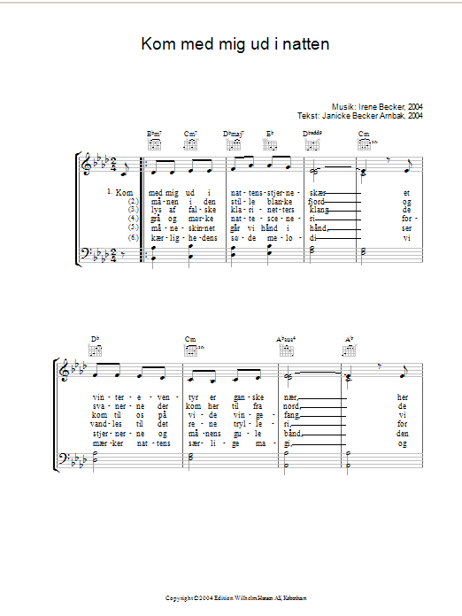 Preview Irene Becker Kom Med Mig Ud I Natten Folk sheet music, notes and chords for Piano, Vocal & Guitar (Right-Hand Melody), SKU: 34142 Kom Med Mig Ud I Natten sheet music