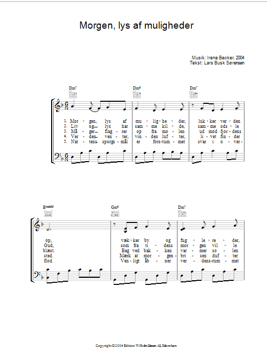Preview Irene Becker Morgen, Lys Af Muligheder Folk sheet music, notes and chords for Piano, Vocal & Guitar (Right-Hand Melody), SKU: 34151 Morgen, Lys Af Muligheder sheet music