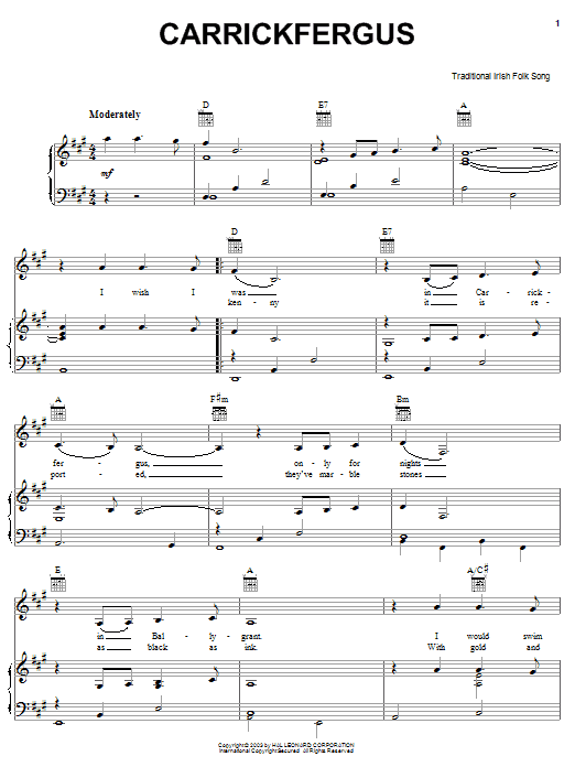Irish Folksong Carrickfergus Sheet Music Notes & Chords for Piano, Vocal & Guitar (Right-Hand Melody) - Download or Print PDF
