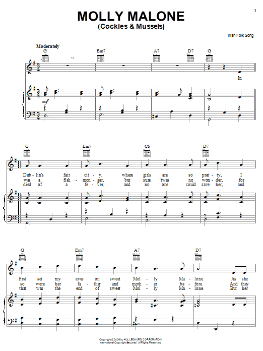 Irish Folksong Molly Malone (Cockles & Mussels) Sheet Music Notes & Chords for Piano, Vocal & Guitar (Right-Hand Melody) - Download or Print PDF