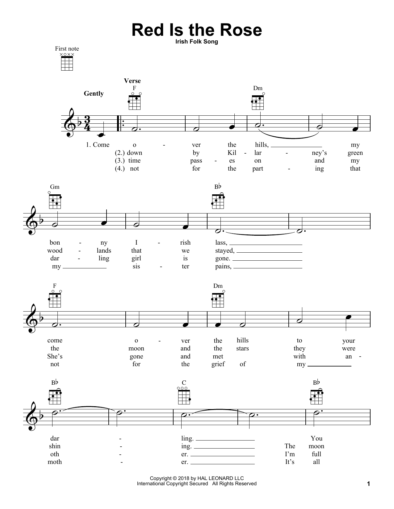 Irish Folk Song Red Is The Rose Sheet Music Notes & Chords for Ukulele - Download or Print PDF
