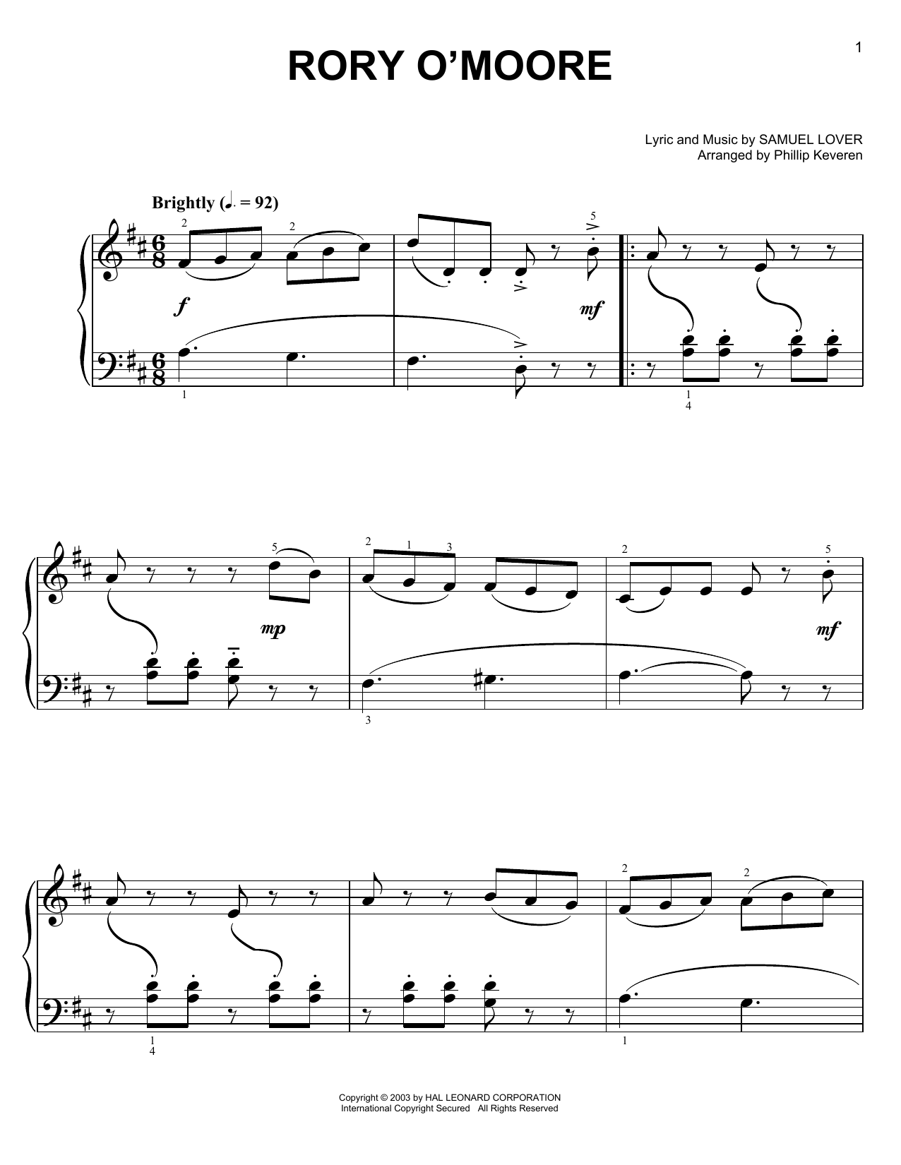 Phillip Keveren Rory O'Moore Sheet Music Notes & Chords for Easy Piano - Download or Print PDF