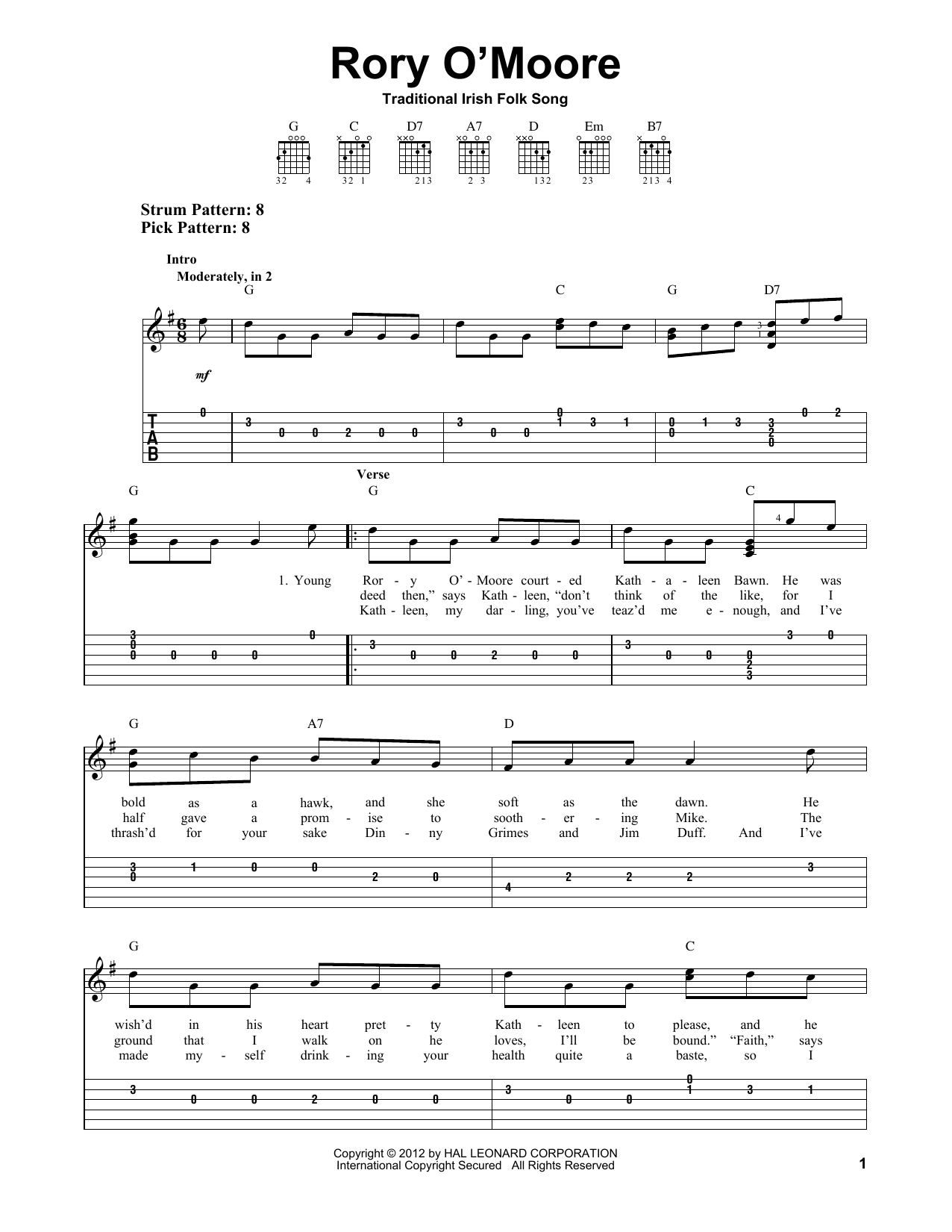 Irish Folk Song Rory O'Moore Sheet Music Notes & Chords for Easy Guitar Tab - Download or Print PDF