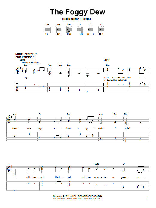 Irish Folksong The Foggy Dew Sheet Music Notes & Chords for Easy Guitar Tab - Download or Print PDF