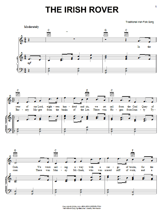 Irish Folksong The Irish Rover Sheet Music Notes & Chords for Piano, Vocal & Guitar (Right-Hand Melody) - Download or Print PDF