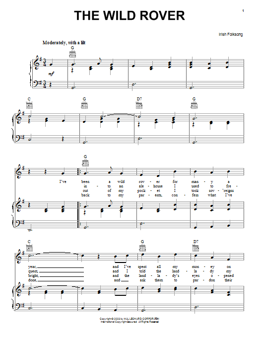 Irish Folksong Wild Rover Sheet Music Notes & Chords for Piano, Vocal & Guitar (Right-Hand Melody) - Download or Print PDF