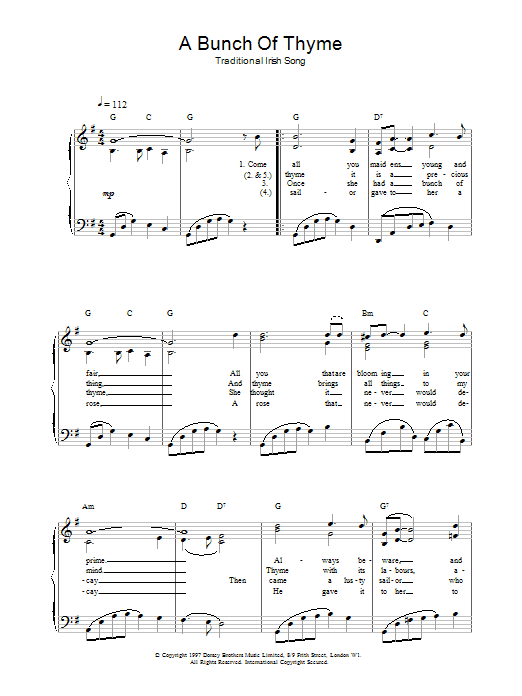 Irish Folksong A Bunch Of Thyme Sheet Music Notes & Chords for Piano, Vocal & Guitar (Right-Hand Melody) - Download or Print PDF