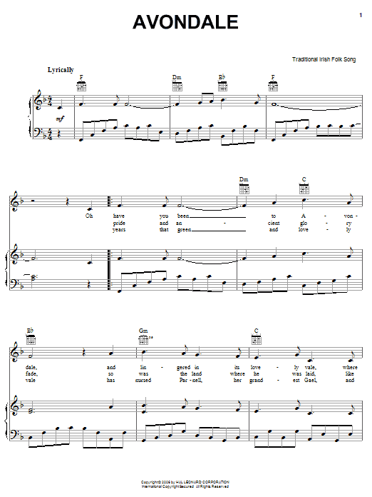 Irish Folksong Avondale Sheet Music Notes & Chords for Piano, Vocal & Guitar (Right-Hand Melody) - Download or Print PDF