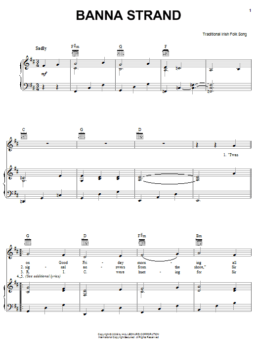 Irish Folksong Banna Strand Sheet Music Notes & Chords for Piano, Vocal & Guitar (Right-Hand Melody) - Download or Print PDF
