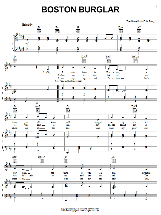 Irish Folksong Boston Burglar Sheet Music Notes & Chords for Piano, Vocal & Guitar (Right-Hand Melody) - Download or Print PDF