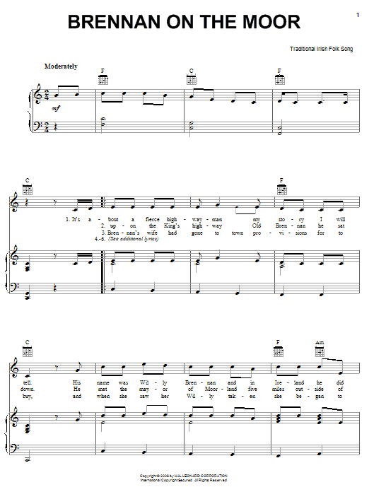 Irish Folksong Brennan On The Moor Sheet Music Notes & Chords for Easy Piano - Download or Print PDF