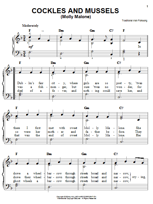 Irish Folksong Cockles And Mussels (Molly Malone) Sheet Music Notes & Chords for Easy Piano - Download or Print PDF