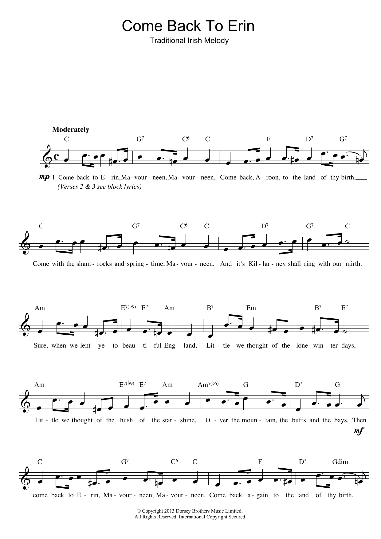 Irish Folksong Come Back To Erin Sheet Music Notes & Chords for Easy Guitar Tab - Download or Print PDF