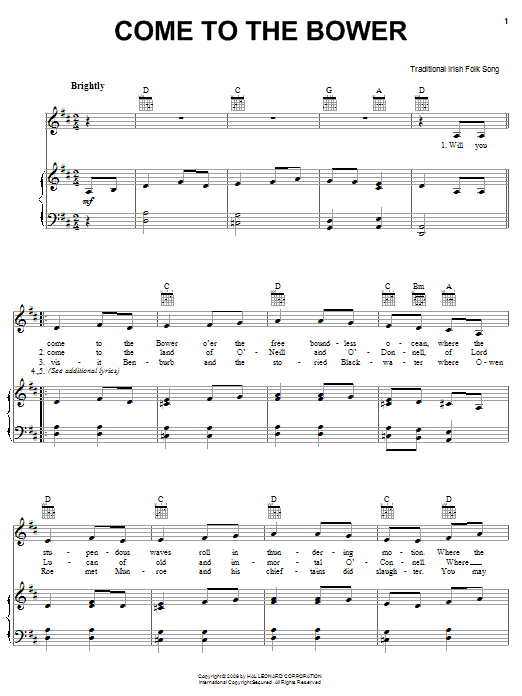 Irish Folksong Come To The Bower Sheet Music Notes & Chords for Piano, Vocal & Guitar (Right-Hand Melody) - Download or Print PDF
