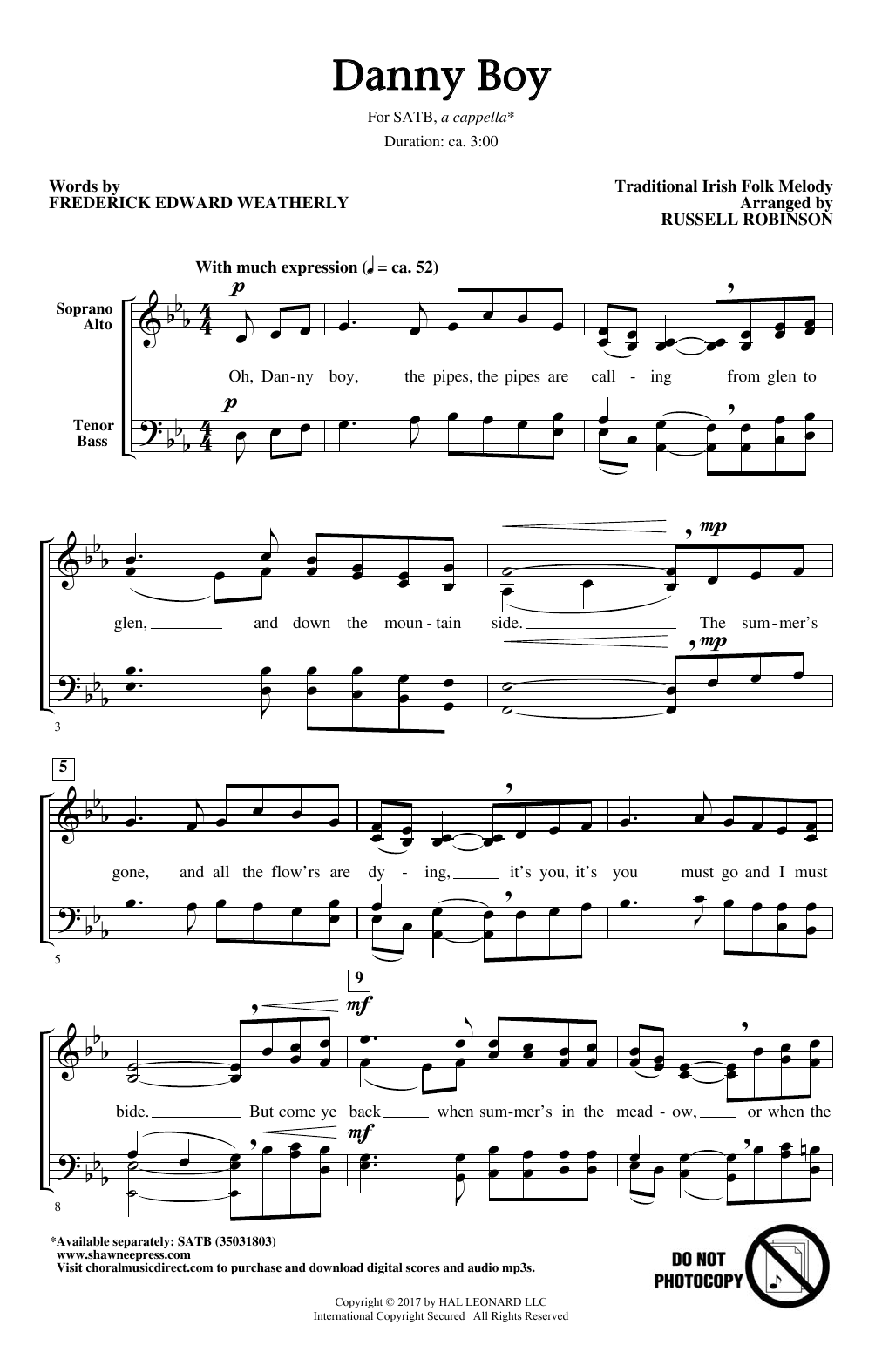 Irish Folksong Danny Boy (arr. Russell Robinson) Sheet Music Notes & Chords for SATB - Download or Print PDF