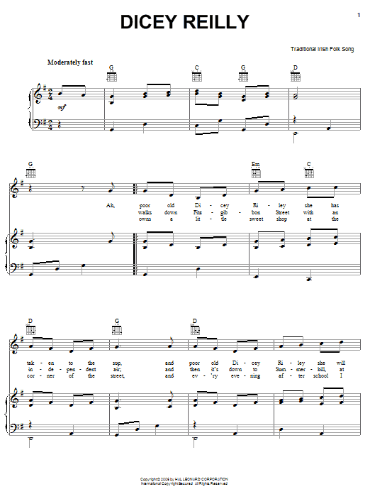 Irish Folksong Dicey Reilly Sheet Music Notes & Chords for Piano, Vocal & Guitar (Right-Hand Melody) - Download or Print PDF