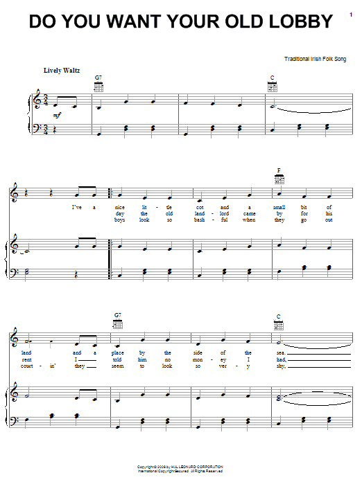 Irish Folksong Do You Want Your Old Lobby Sheet Music Notes & Chords for Piano, Vocal & Guitar (Right-Hand Melody) - Download or Print PDF