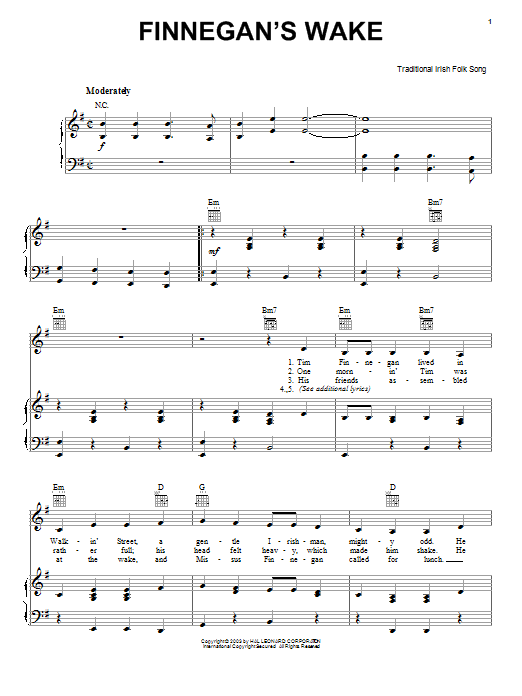 Irish Folksong Finnegan's Wake Sheet Music Notes & Chords for Easy Piano - Download or Print PDF