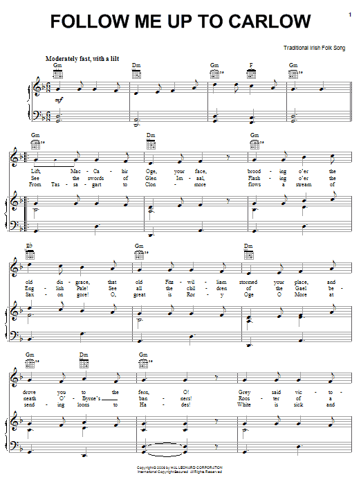 Irish Folksong Follow Me Up To Carlow Sheet Music Notes & Chords for Piano, Vocal & Guitar (Right-Hand Melody) - Download or Print PDF