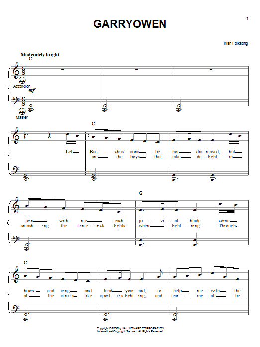 Irish Folksong Garryowen Sheet Music Notes & Chords for Accordion - Download or Print PDF