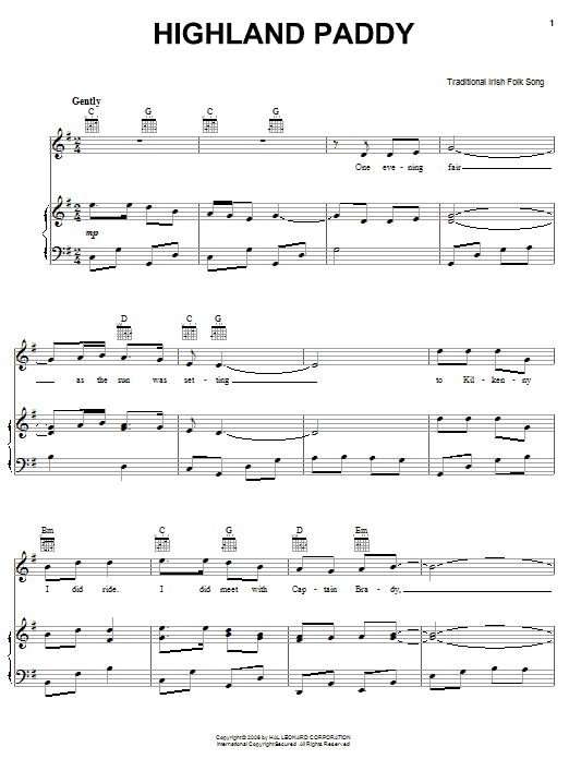Irish Folksong Highland Paddy Sheet Music Notes & Chords for Piano, Vocal & Guitar (Right-Hand Melody) - Download or Print PDF