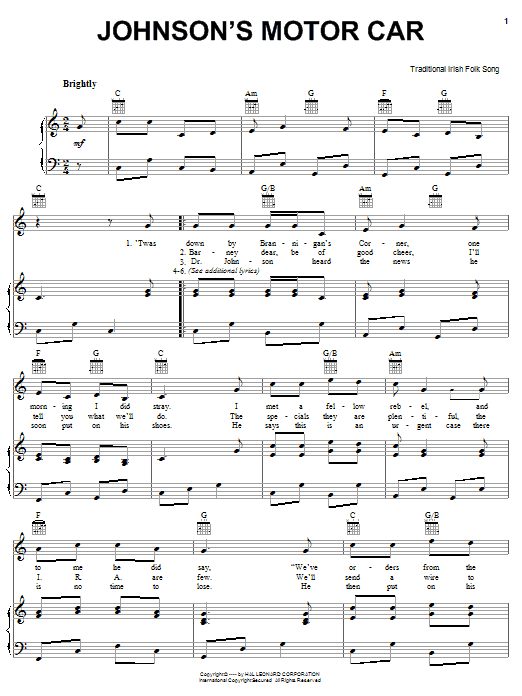 Irish Folksong Johnson's Motor Car Sheet Music Notes & Chords for Piano, Vocal & Guitar (Right-Hand Melody) - Download or Print PDF