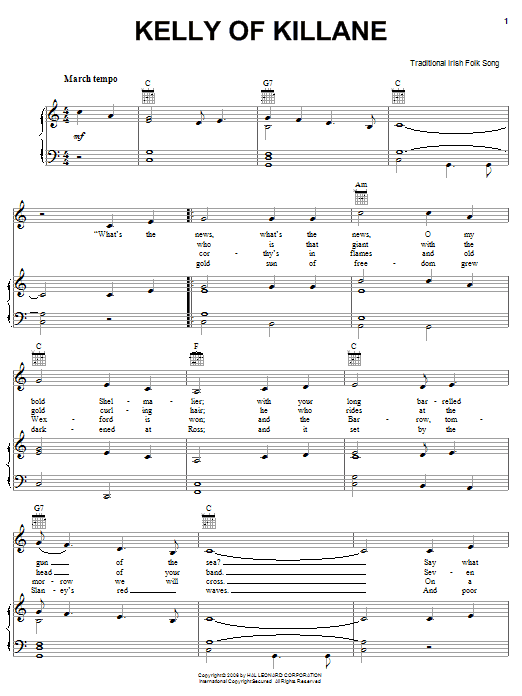 Irish Folksong Kelly Of Killane Sheet Music Notes & Chords for Piano, Vocal & Guitar (Right-Hand Melody) - Download or Print PDF