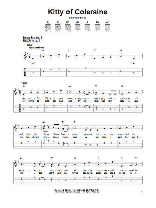 Irish Folksong Kitty Of Coleraine Sheet Music Notes & Chords for Easy Guitar Tab - Download or Print PDF