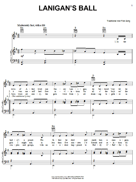 Irish Folksong Lanigan's Ball Sheet Music Notes & Chords for Easy Piano - Download or Print PDF