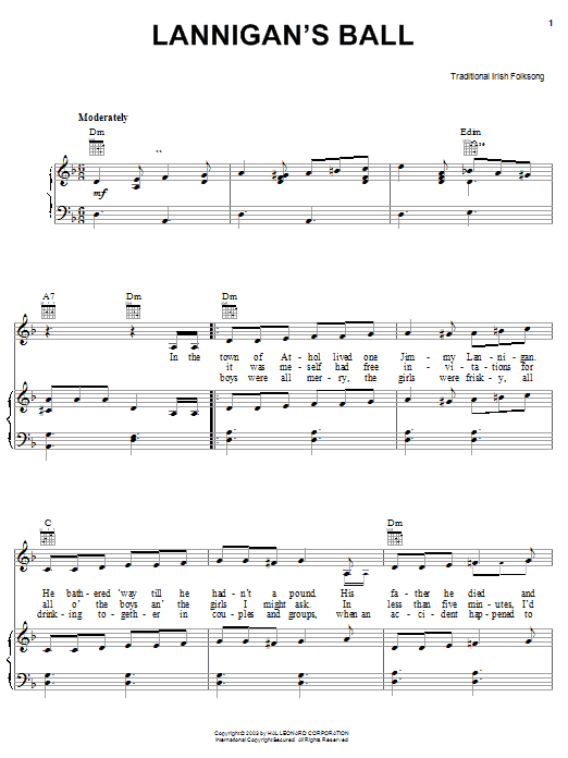 Irish Folksong Lannigan's Ball Sheet Music Notes & Chords for Piano, Vocal & Guitar (Right-Hand Melody) - Download or Print PDF