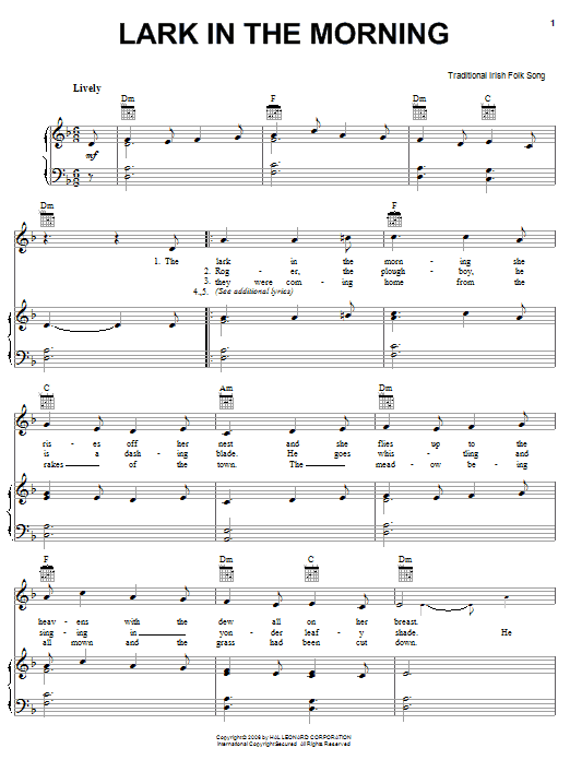 Irish Folksong Lark In The Morning Sheet Music Notes & Chords for Piano, Vocal & Guitar (Right-Hand Melody) - Download or Print PDF