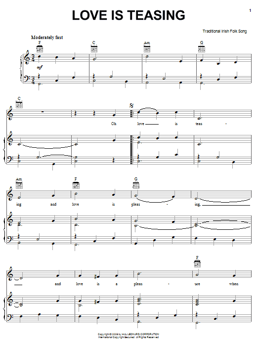Irish Folksong Love Is Teasing Sheet Music Notes & Chords for Piano, Vocal & Guitar (Right-Hand Melody) - Download or Print PDF