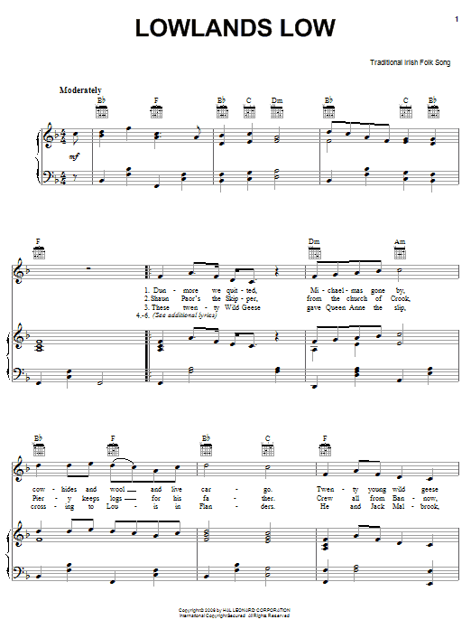 Irish Folksong Lowlands Low Sheet Music Notes & Chords for Piano, Vocal & Guitar (Right-Hand Melody) - Download or Print PDF