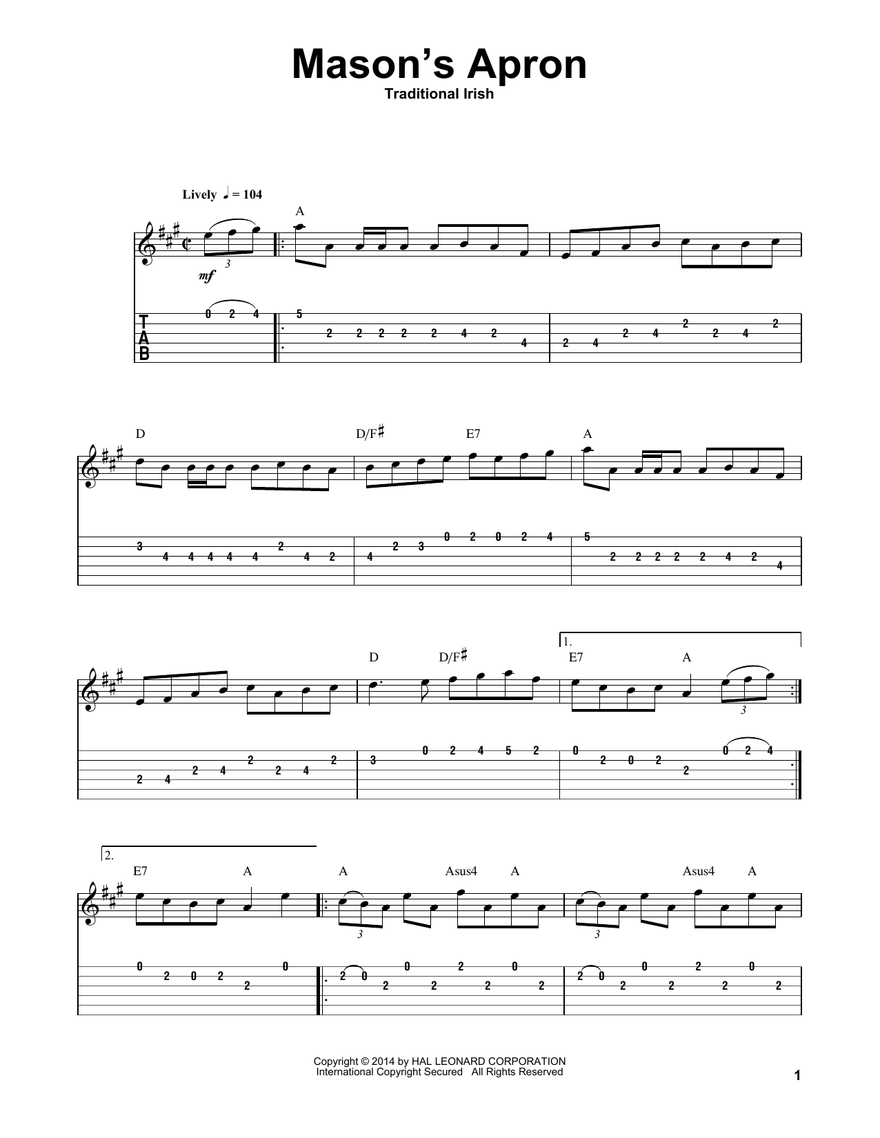 Irish Folksong Mason's Apron Sheet Music Notes & Chords for Guitar Tab Play-Along - Download or Print PDF